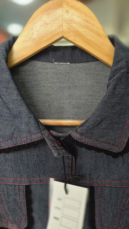 Women's Dark Wash Denim Short Sleeve Shirt with Contrast Stitching