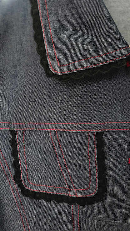 Women's Dark Wash Denim Short Sleeve Shirt with Contrast Stitching