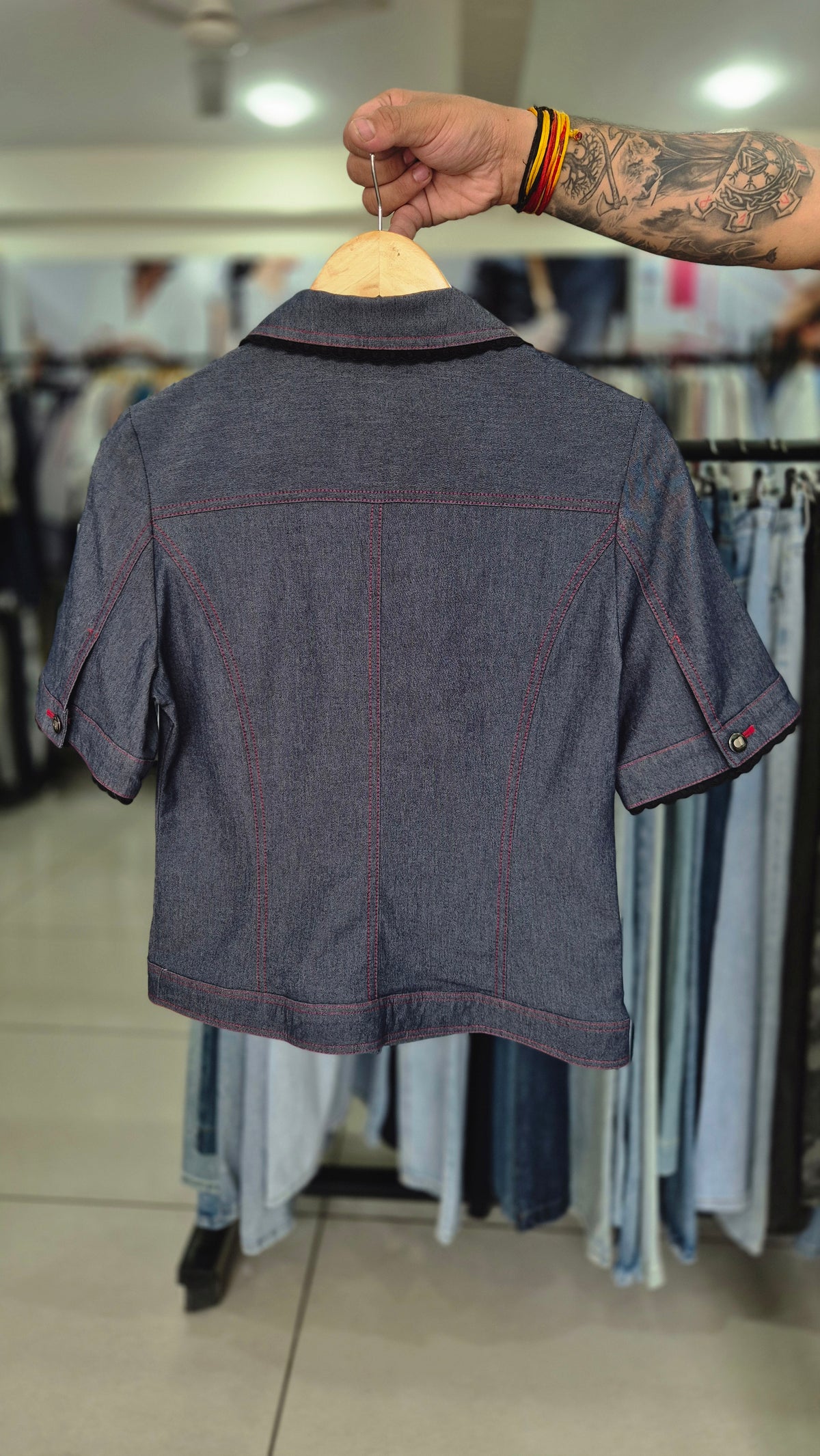 Women's Dark Wash Denim Short Sleeve Shirt with Contrast Stitching