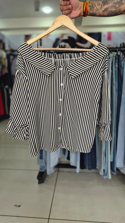 Women's Black and White Striped Off-Shoulder Button-Down Shirt