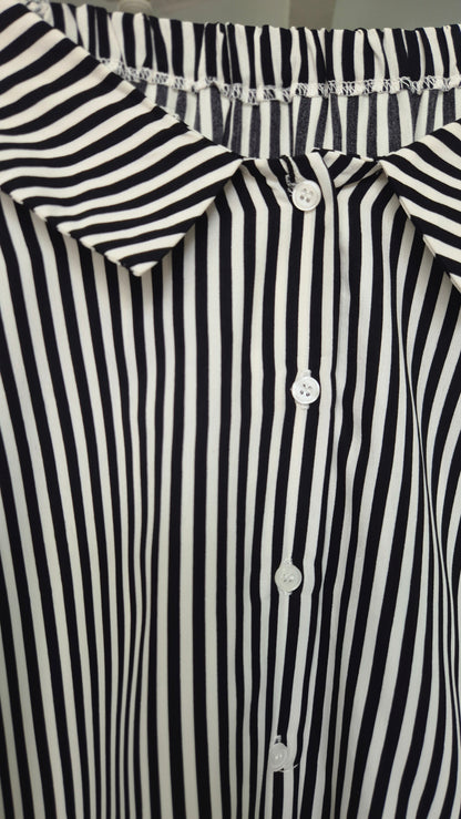Women's Black and White Striped Off-Shoulder Button-Down Shirt