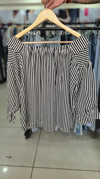Women's Black and White Striped Off-Shoulder Button-Down Shirt