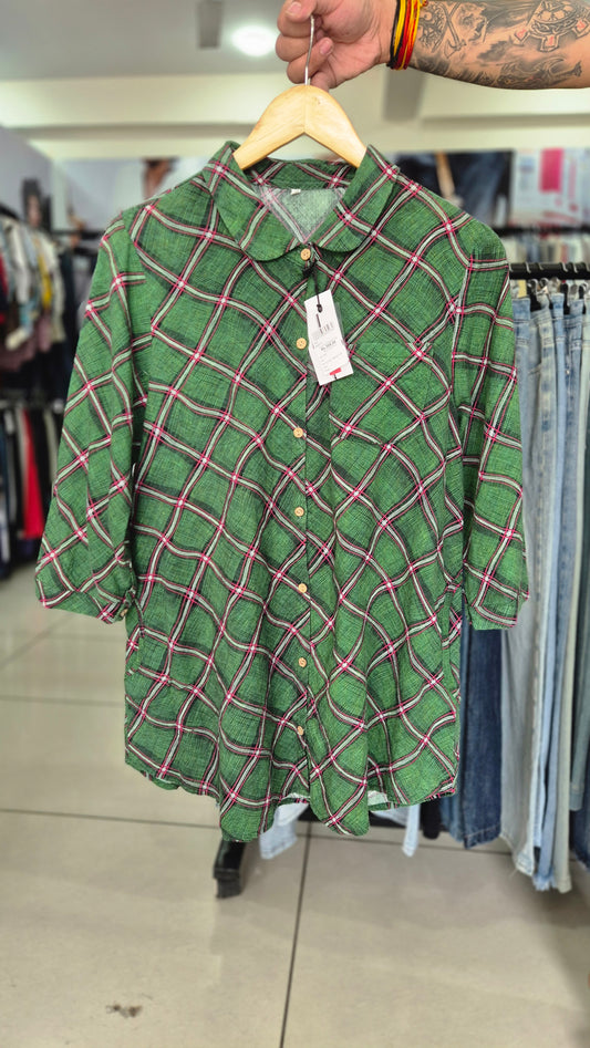 Women's Green Plaid Diagonal-Grid Long Sleeve Shirt