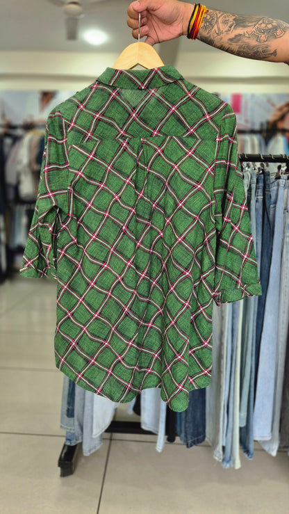Women's Green Plaid Diagonal-Grid Long Sleeve Shirt