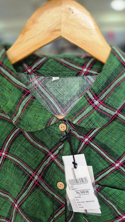 Women's Green Plaid Diagonal-Grid Long Sleeve Shirt