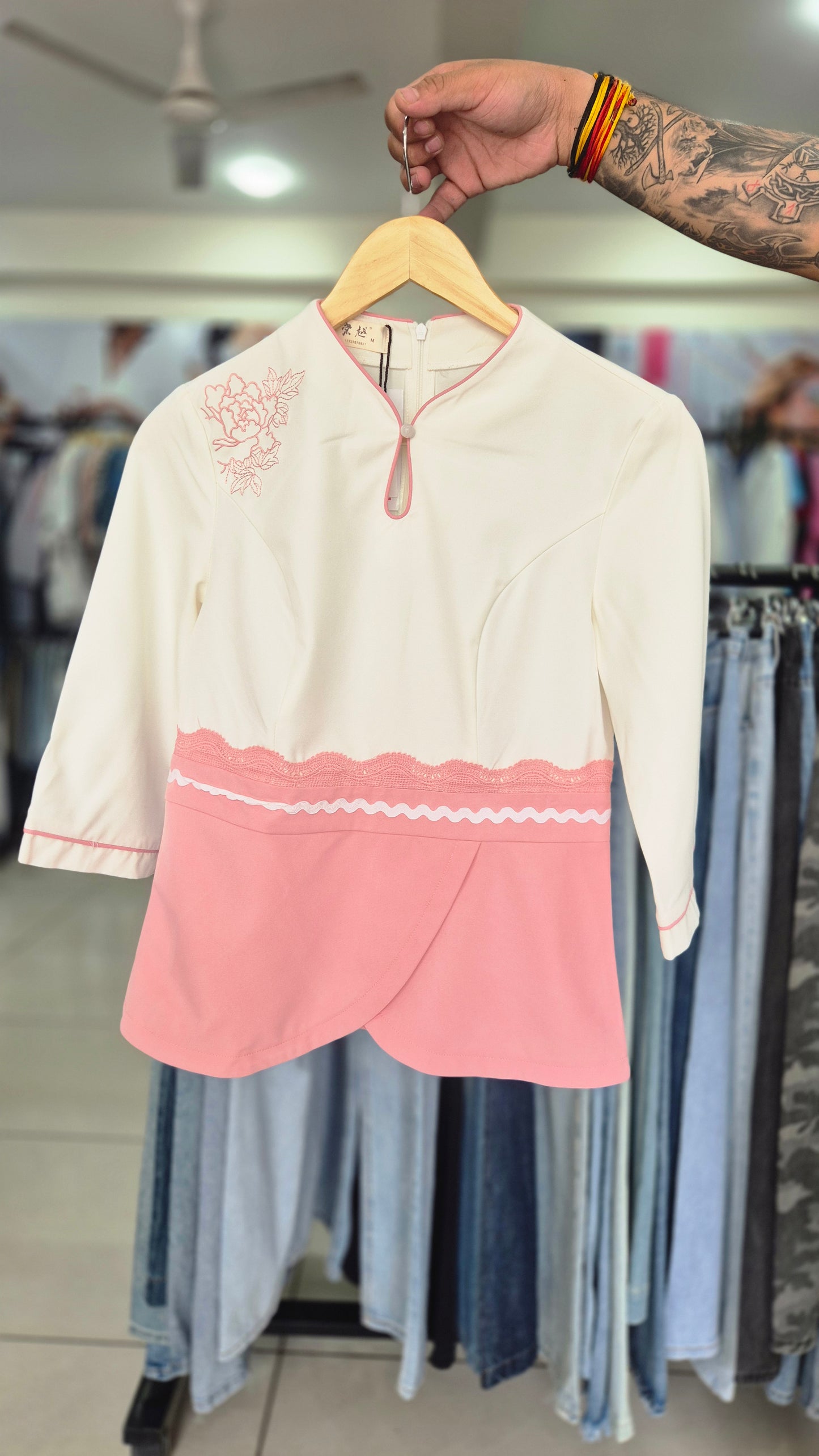 Women's White and Pink Color-Block Three-Quarter Sleeve Shirt