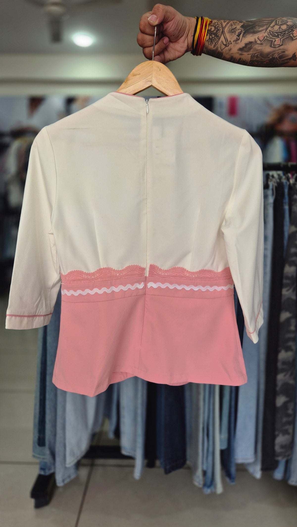 Women's White and Pink Color-Block Three-Quarter Sleeve Shirt