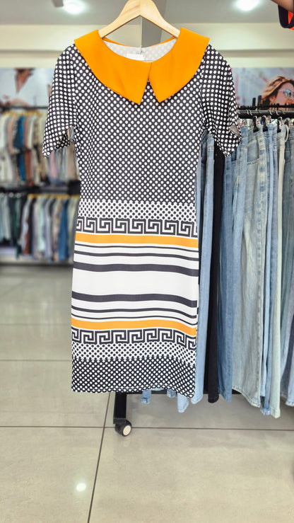 Polka Dot Contrast Collar Midi Dress