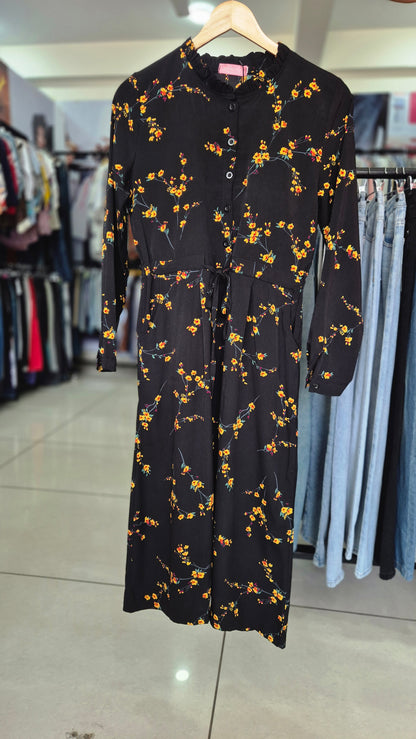 Midnight Floral Belted Midi Dress