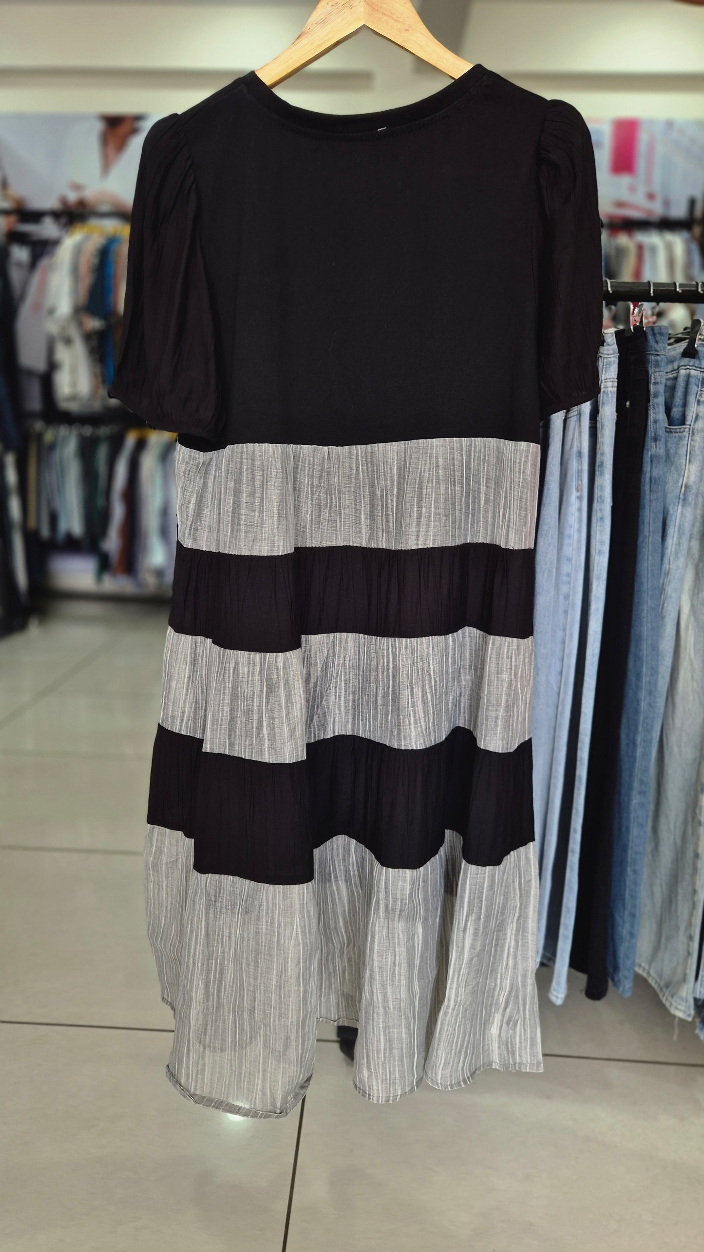 Black & Grey Tiered Mesh Mini Dress