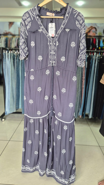 Slate Grey Bohemian Embroidered Tiered Maxi Dress