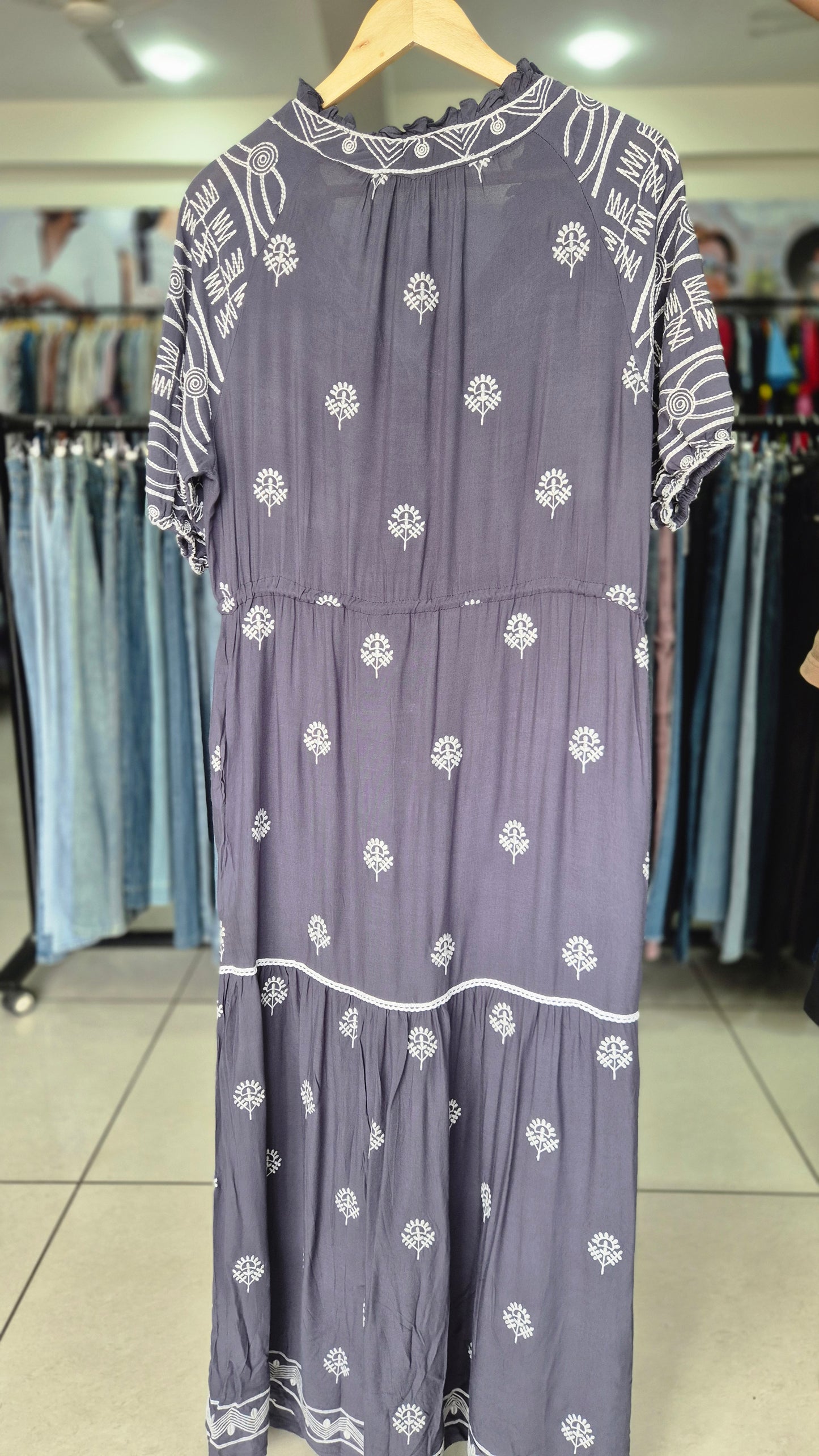Slate Grey Bohemian Embroidered Tiered Maxi Dress
