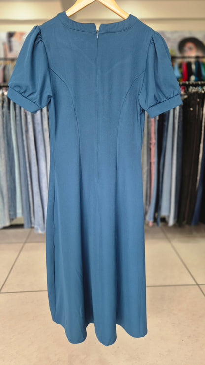 Royal Blue V-Neck Pleated A-Line Knee-Length Dress