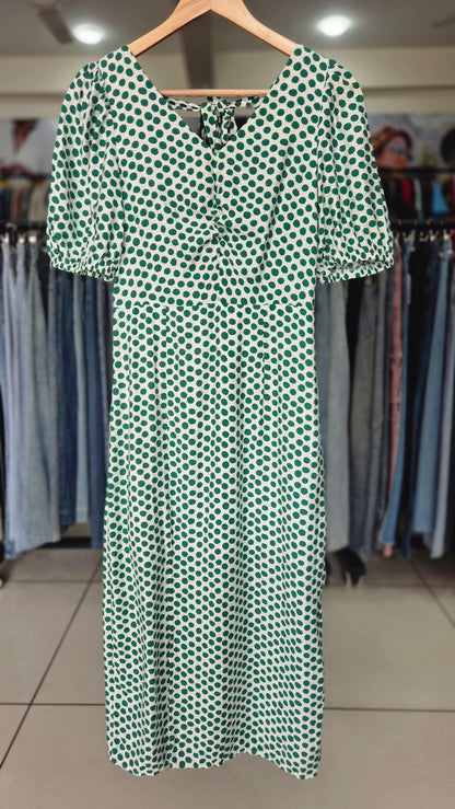Green Polka Dot V-Neck Midi Dress with Puff Sleeves