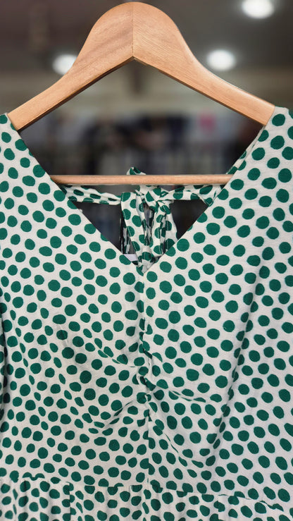 Green Polka Dot V-Neck Midi Dress with Puff Sleeves