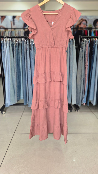 Dusty Rose Flutter Sleeve Tiered Midi Dress