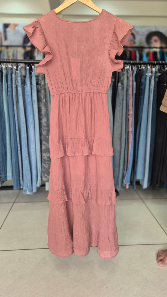 Dusty Rose Flutter Sleeve Tiered Midi Dress