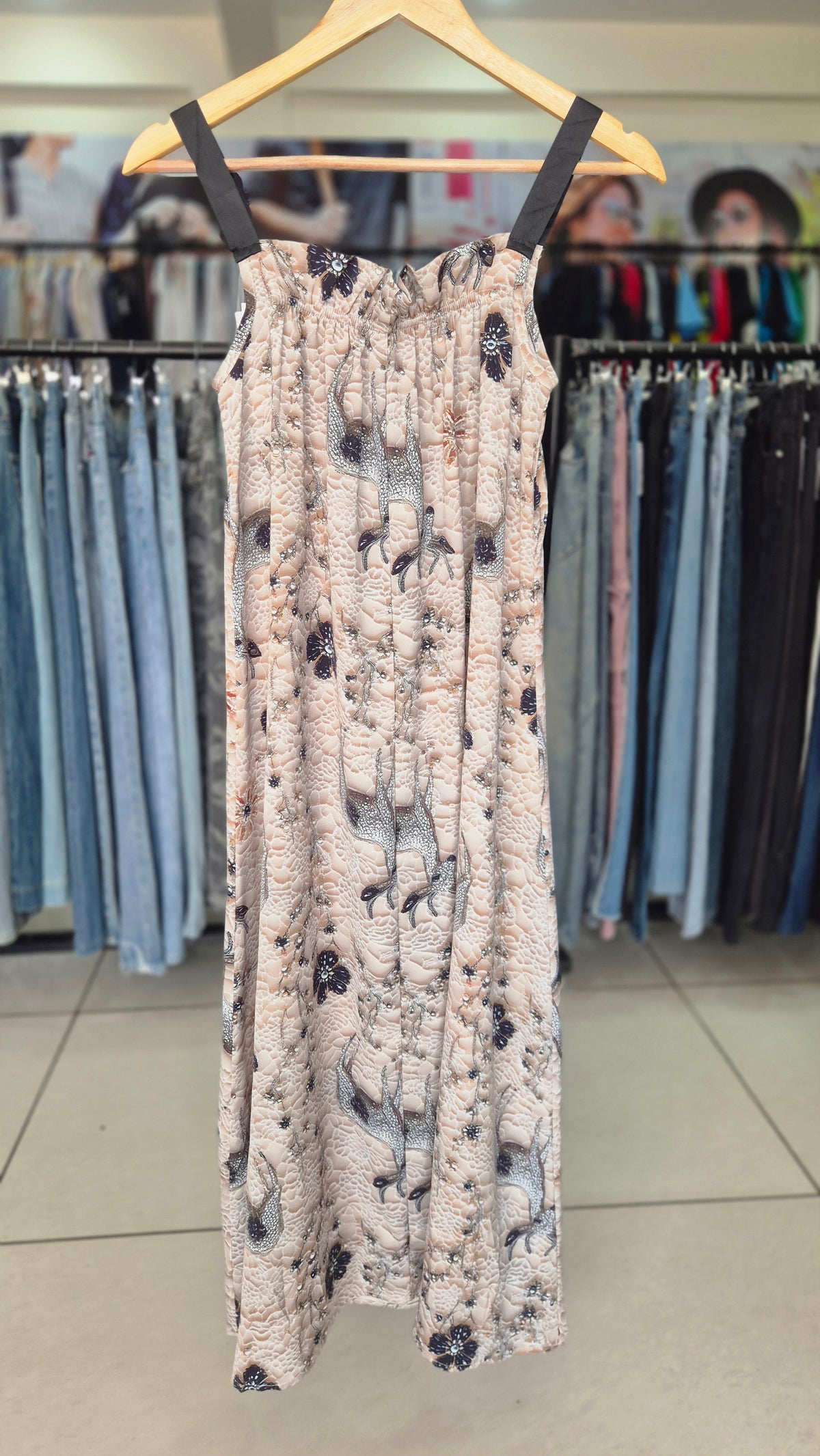 Embellished Woodland Stag Print Maxi Dress with Contrast Straps