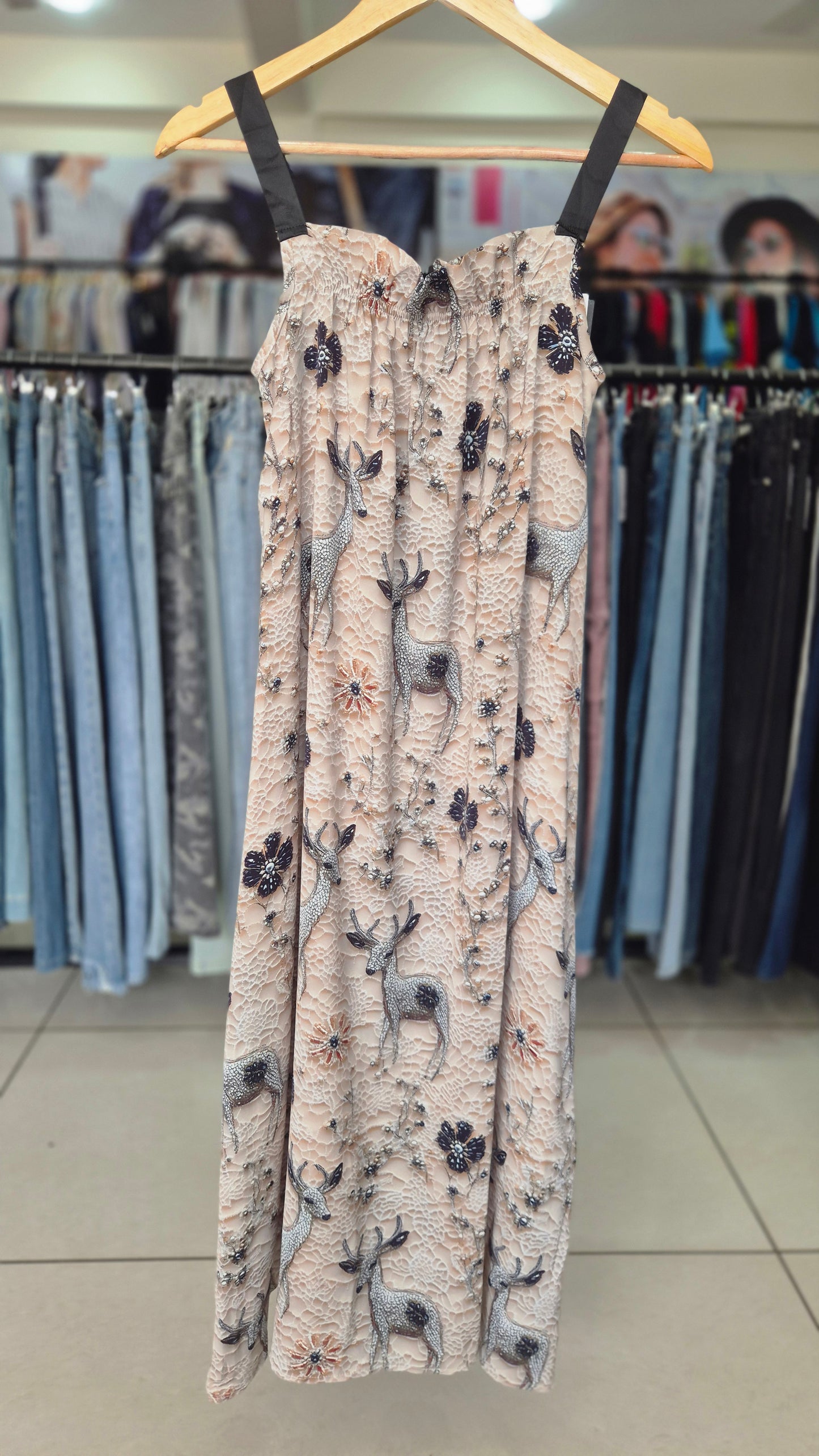 Embellished Woodland Stag Print Maxi Dress with Contrast Straps