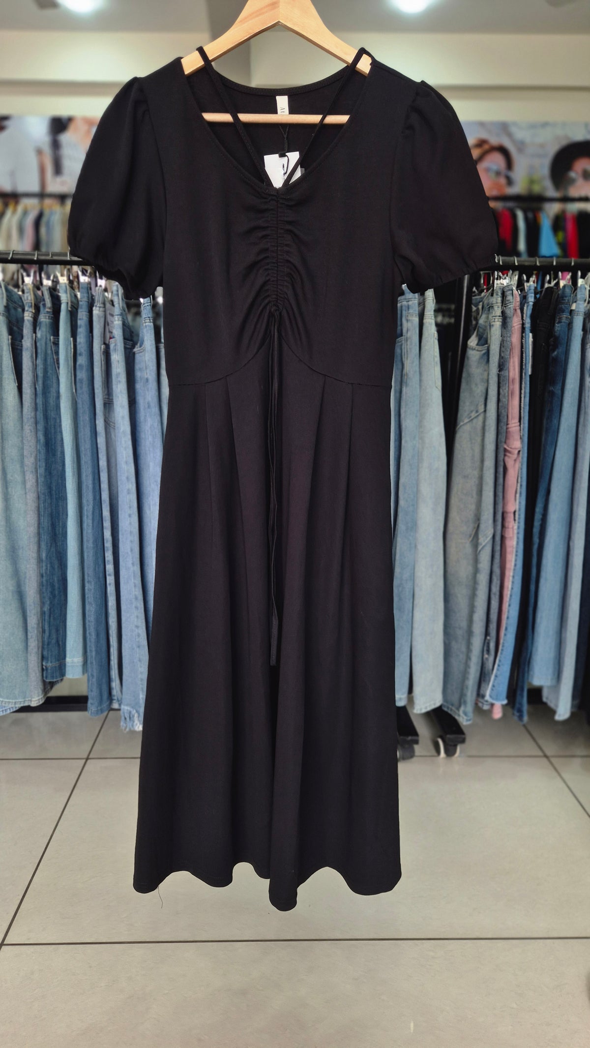 Black Ruched V-Neck Midi Dress with Puff Sleeves