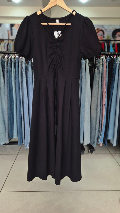 Black Ruched V-Neck Midi Dress with Puff Sleeves