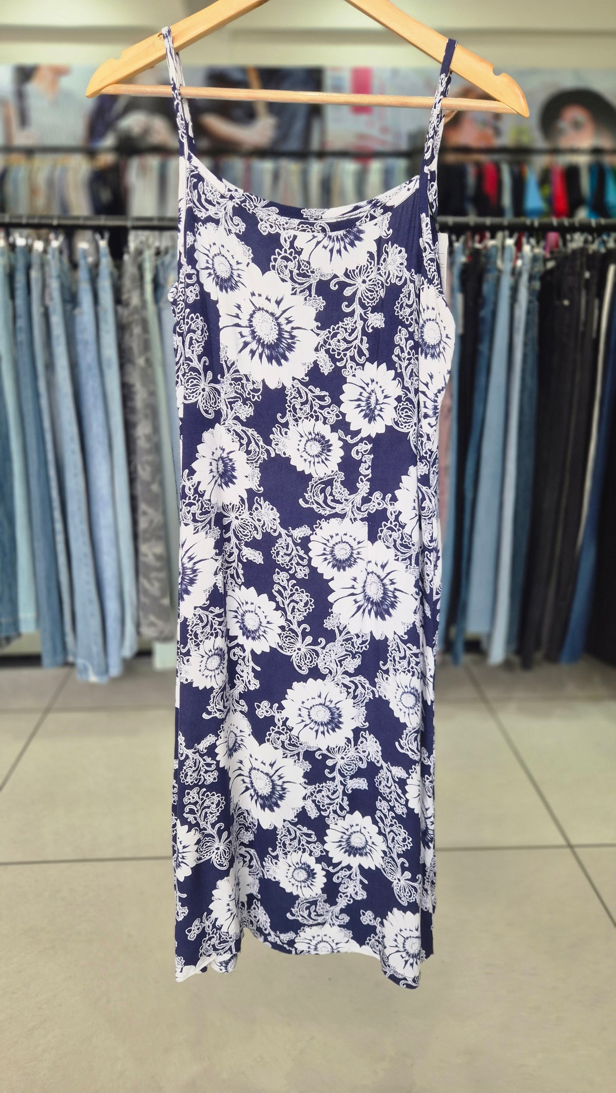 Women's Blue and White Floral Print Spaghetti Strap Slip Dress