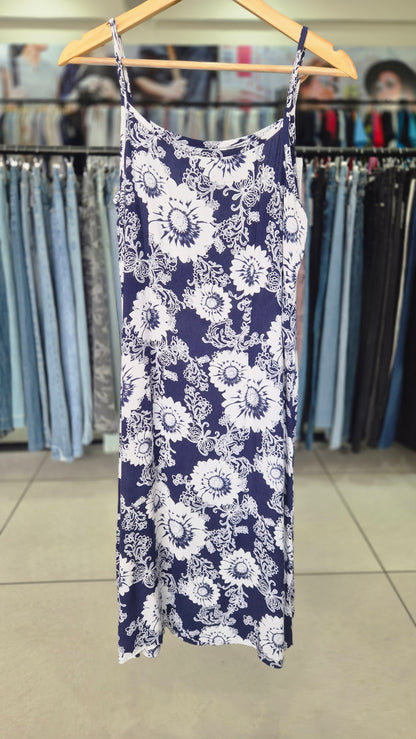 Women's Blue and White Floral Print Spaghetti Strap Slip Dress