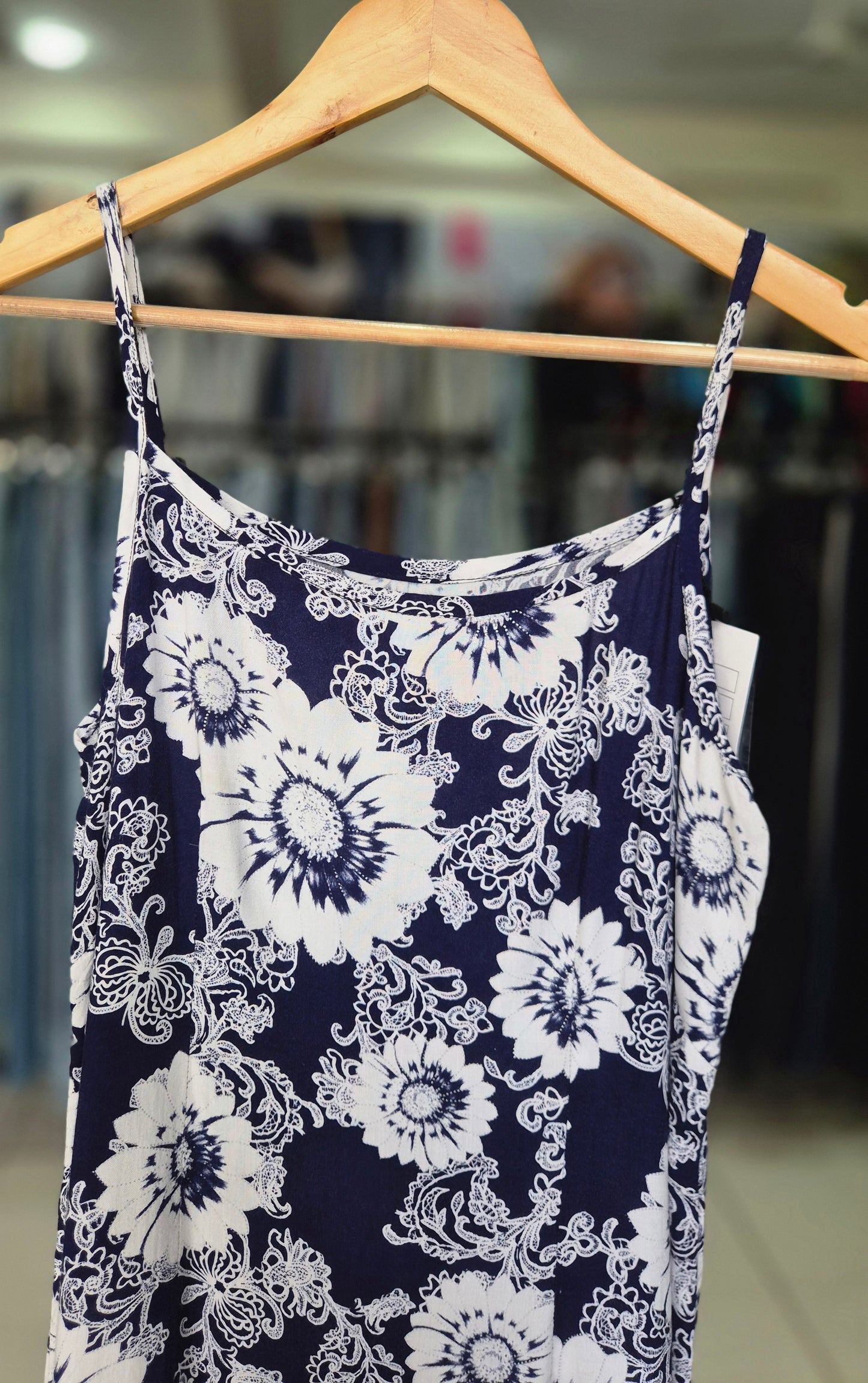 Women's Blue and White Floral Print Spaghetti Strap Slip Dress