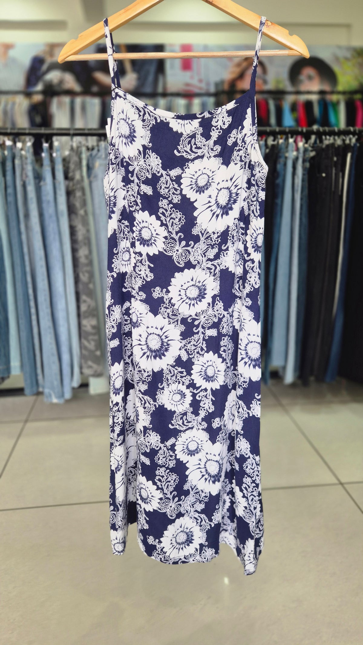 Women's Blue and White Floral Print Spaghetti Strap Slip Dress