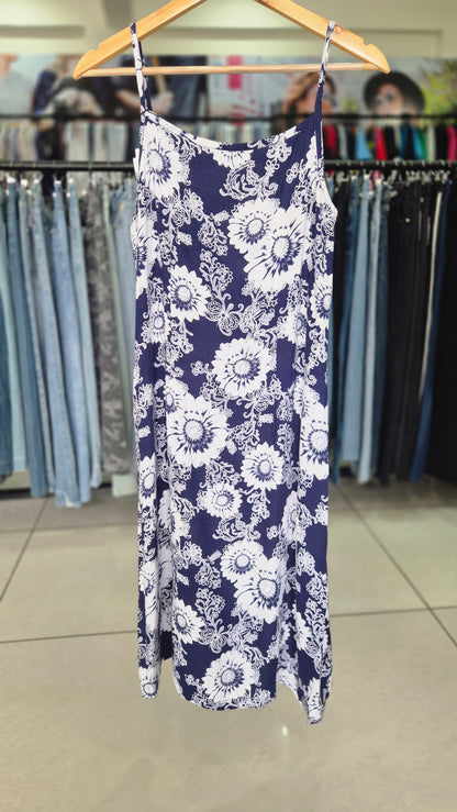 Women's Blue and White Floral Print Spaghetti Strap Slip Dress