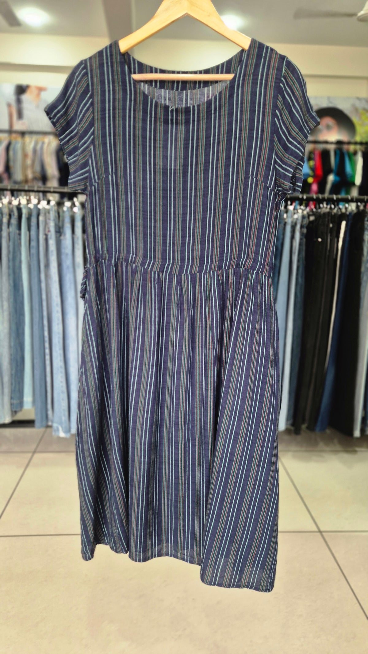 Navy Blue Multi-Stripe Cap Sleeve Midi Dress