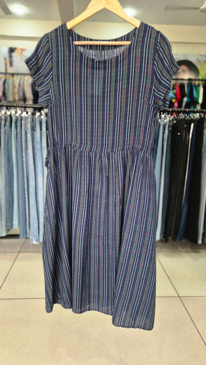 Navy Blue Multi-Stripe Cap Sleeve Midi Dress