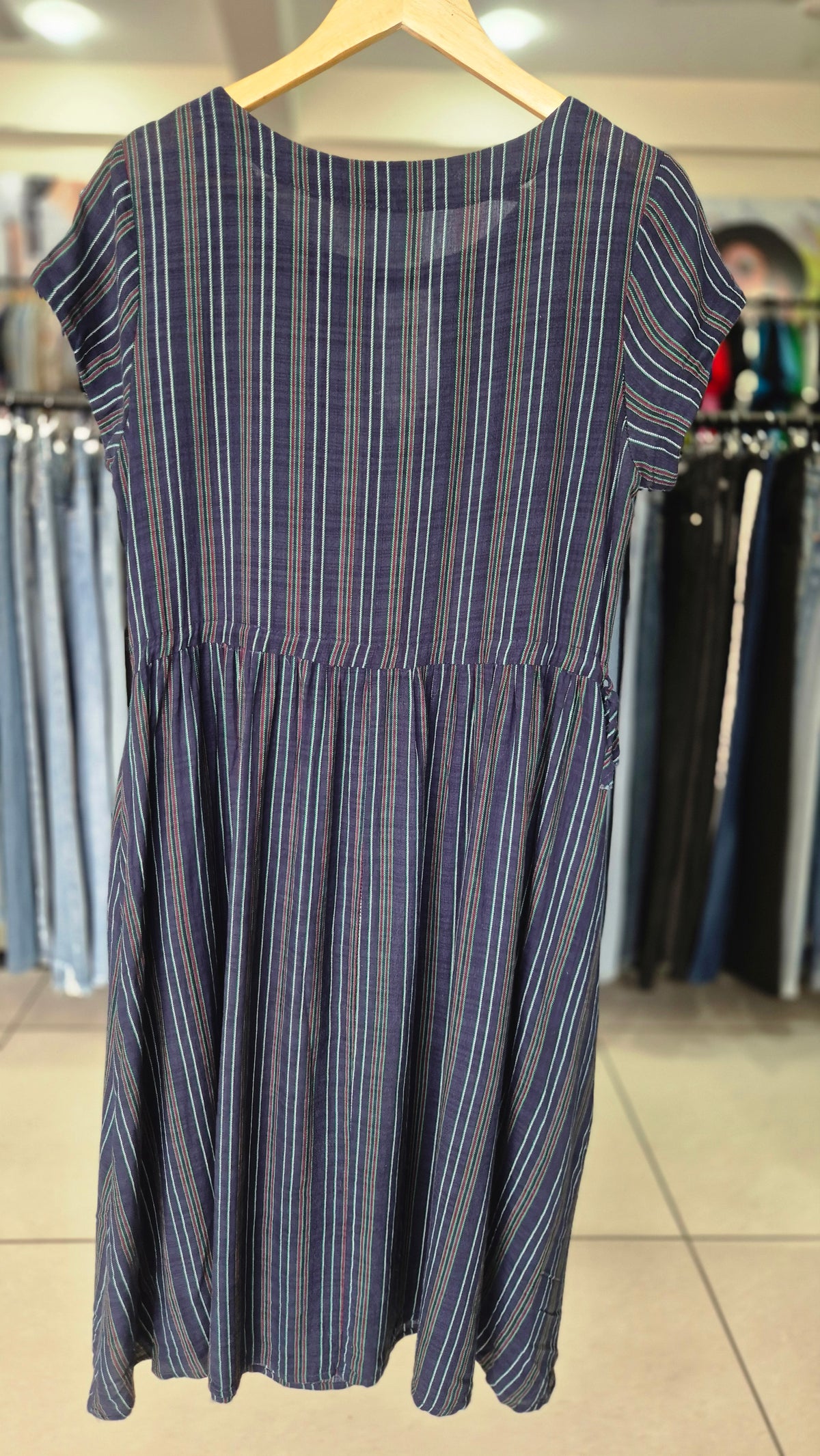 Navy Blue Multi-Stripe Cap Sleeve Midi Dress