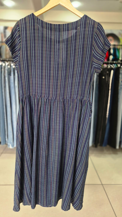 Navy Blue Multi-Stripe Cap Sleeve Midi Dress