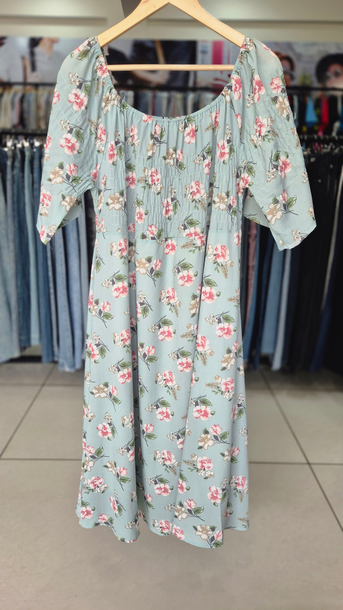 Light Blue Floral Smocked Midi Dress with Flutter Sleeves