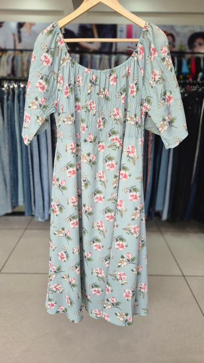 Light Blue Floral Smocked Midi Dress with Flutter Sleeves