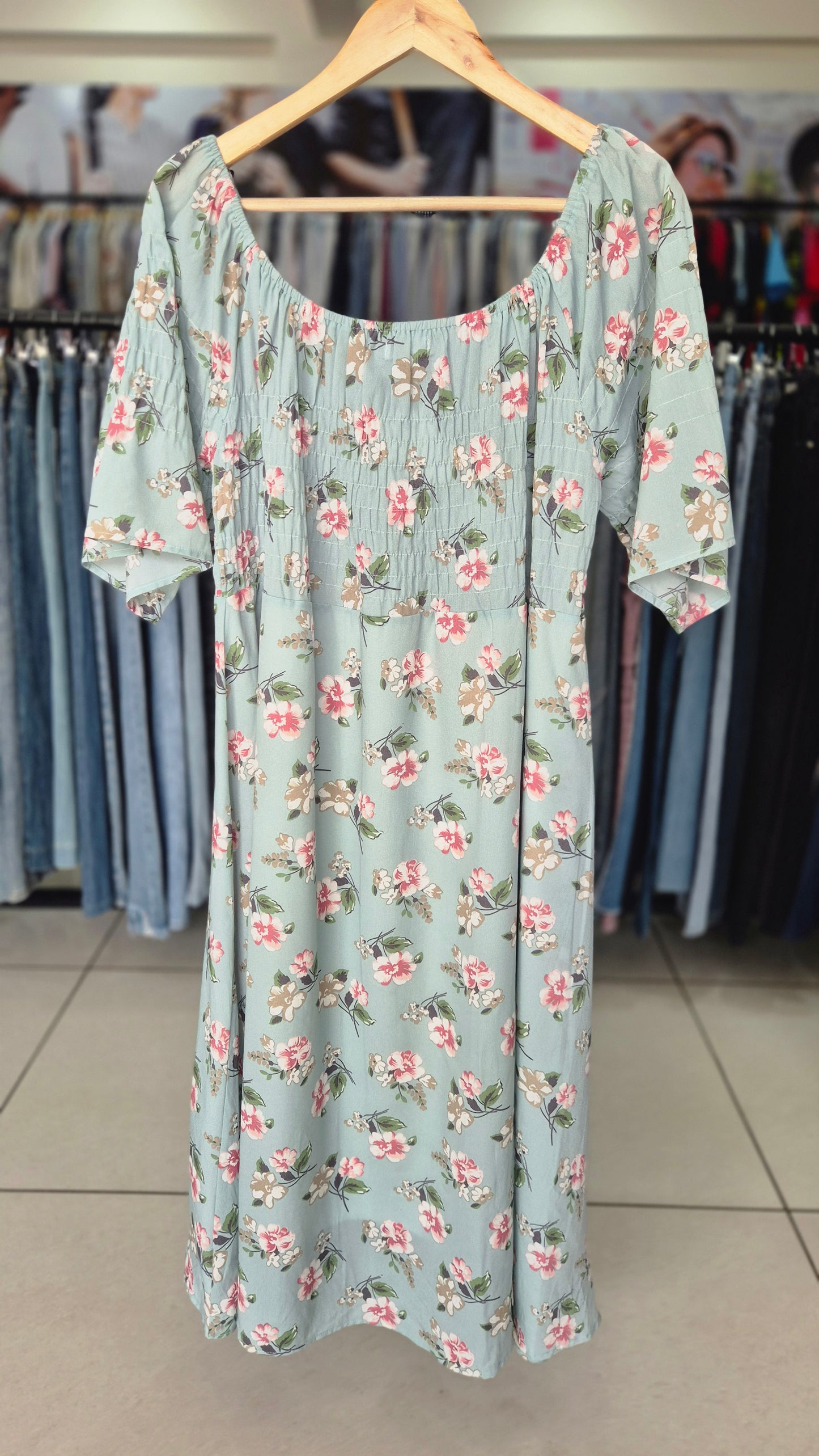 Light Blue Floral Smocked Midi Dress with Flutter Sleeves