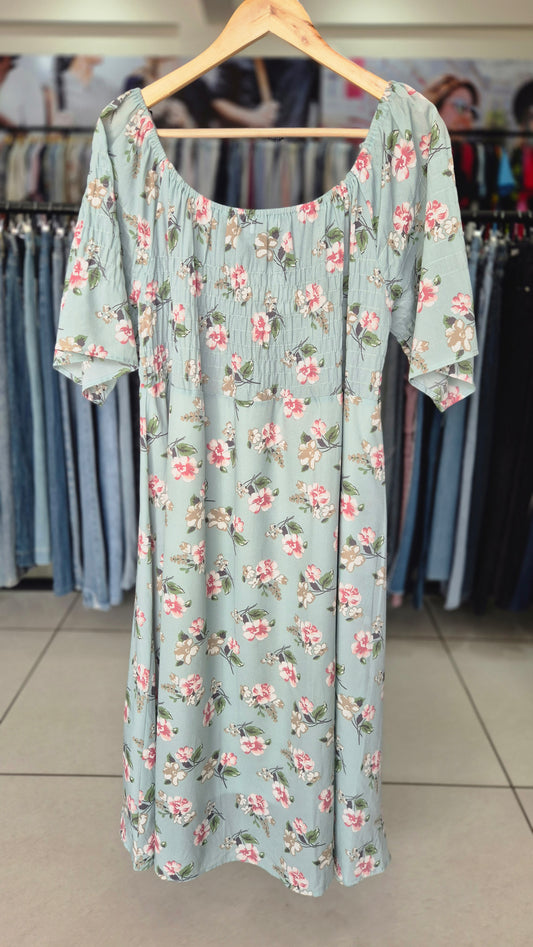 Light Blue Floral Smocked Midi Dress with Flutter Sleeves