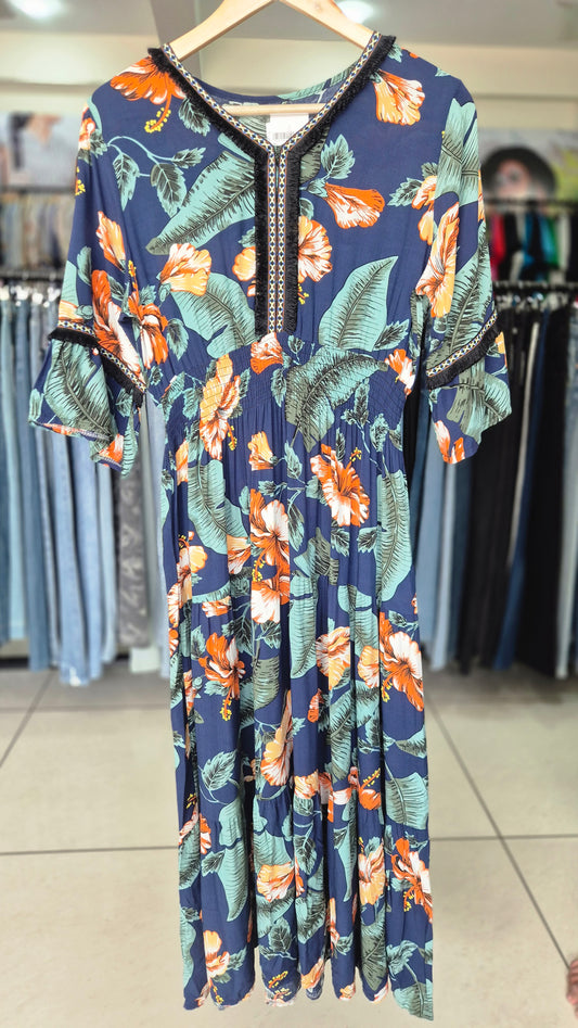 Tropical Hibiscus Print Tiered Maxi Dress with Smocked Waist