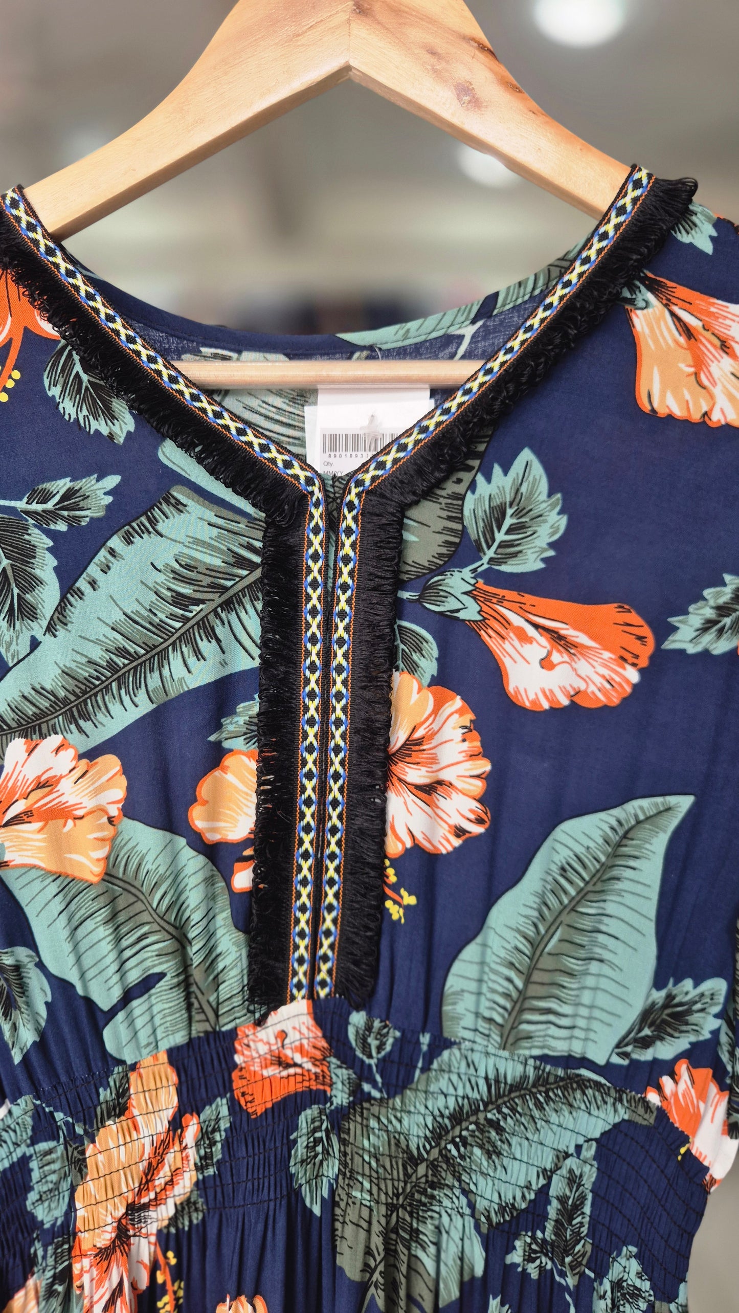 Tropical Hibiscus Print Tiered Maxi Dress with Smocked Waist
