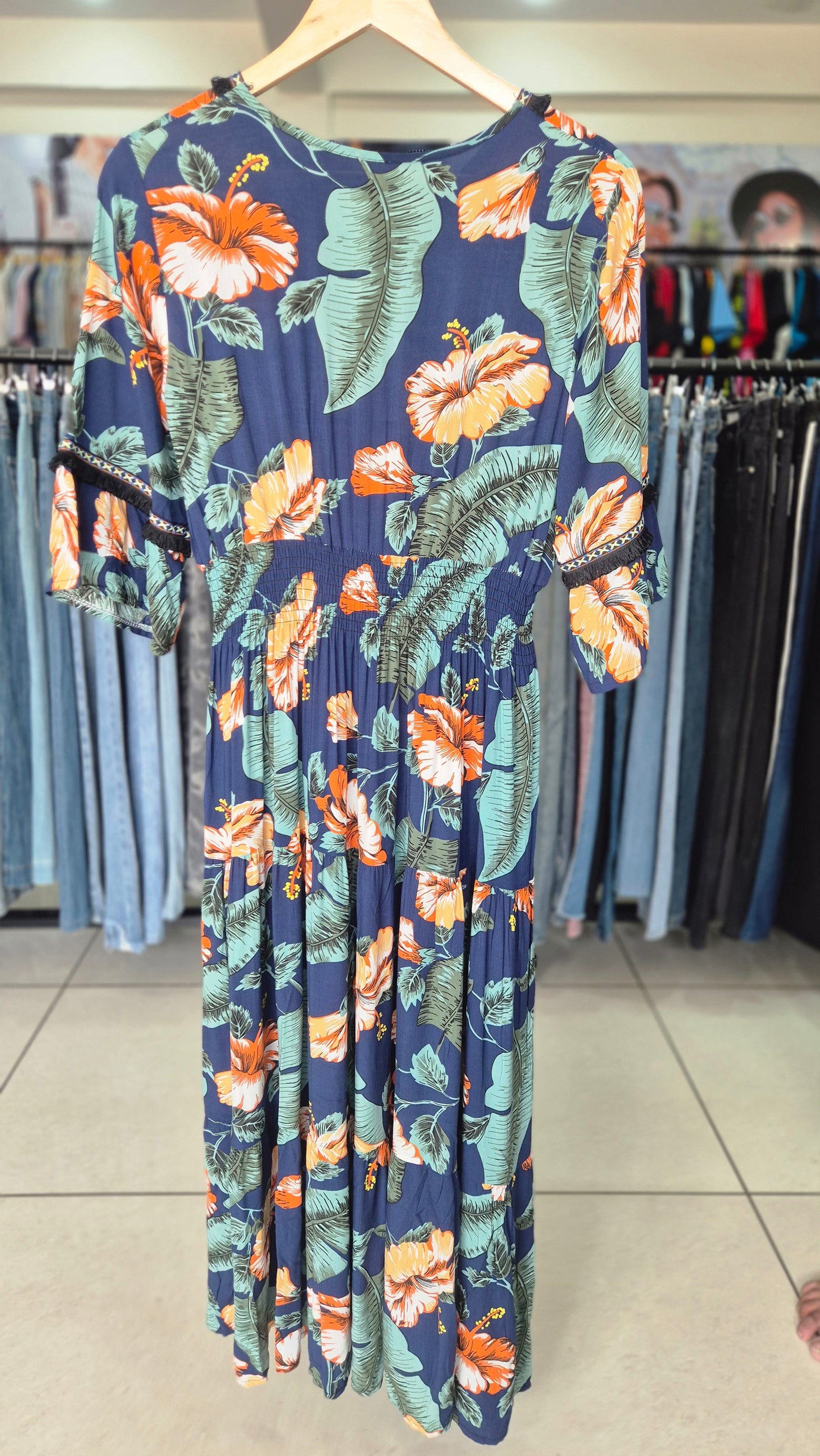 Tropical Hibiscus Print Tiered Maxi Dress with Smocked Waist