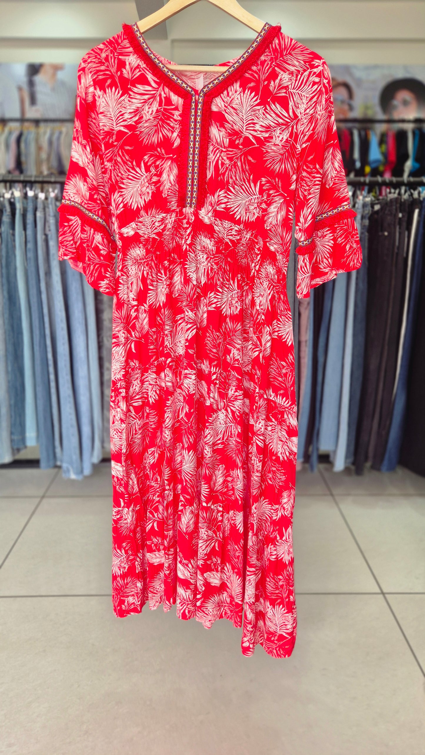 Red Tropical Leaf Print Smocked Midi Dress with Embroidery