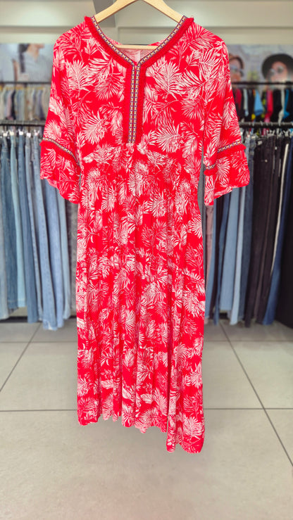 Red Tropical Leaf Print Smocked Midi Dress with Embroidery