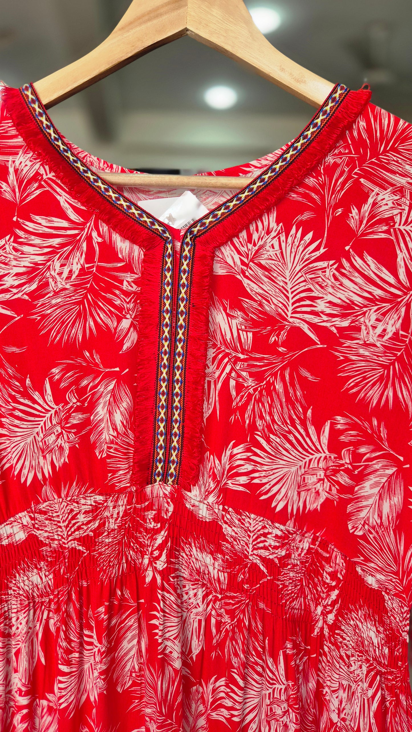 Red Tropical Leaf Print Smocked Midi Dress with Embroidery