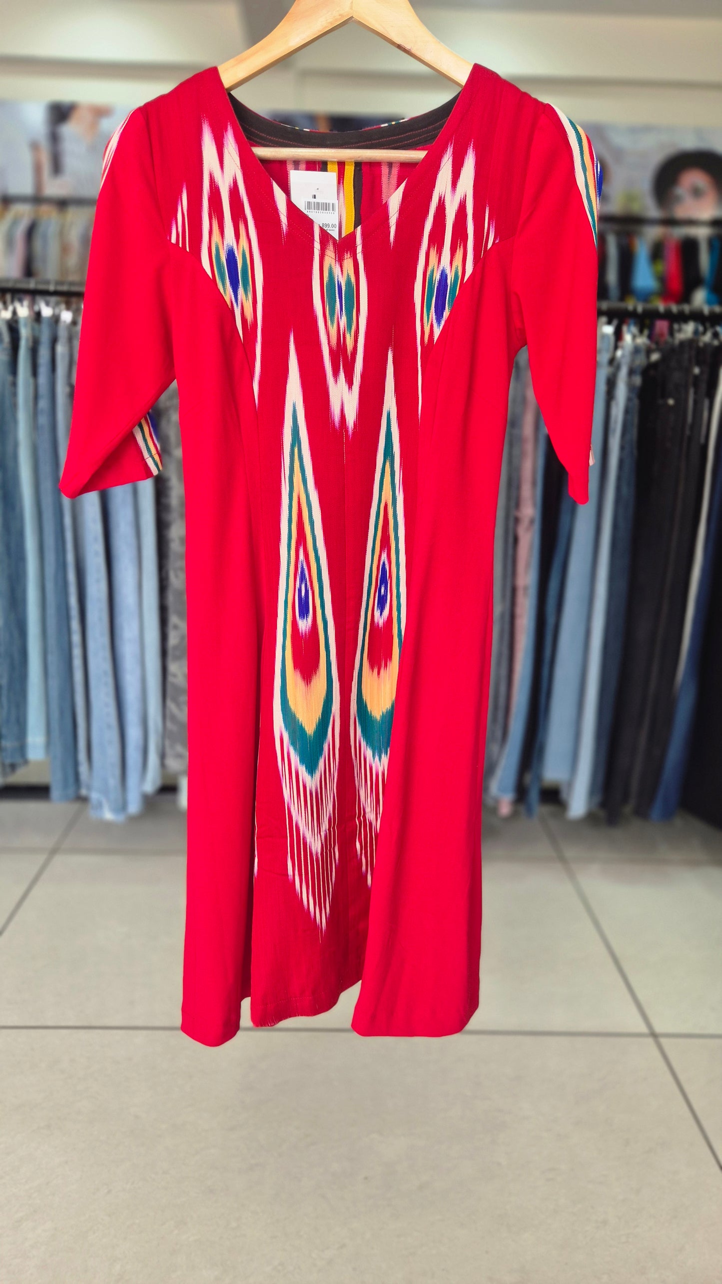 Vibrant Red Ikat Print A-Line V-Neck Dress