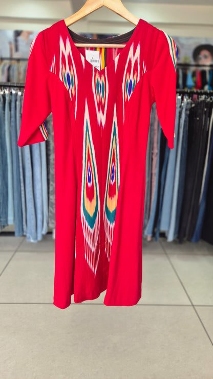 Vibrant Red Ikat Print A-Line V-Neck Dress