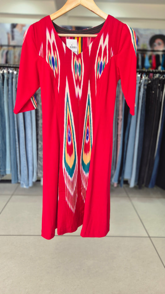 Vibrant Red Ikat Print A-Line V-Neck Dress