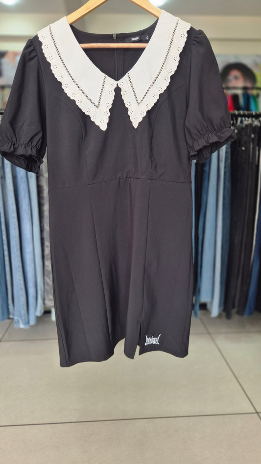 Women's Black Mini Dress with White Lace Contrast Collar