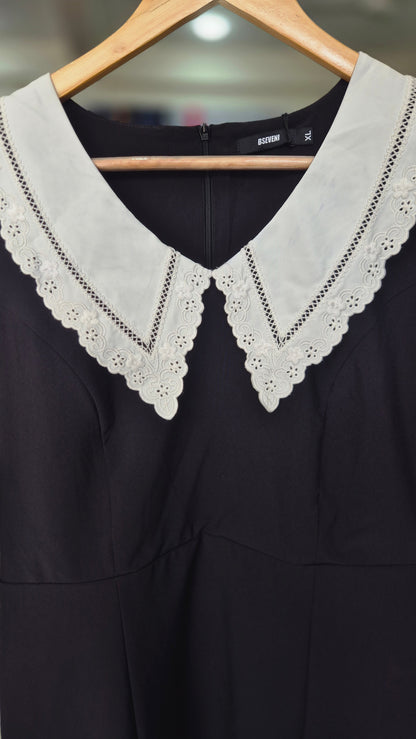 Women's Black Mini Dress with White Lace Contrast Collar