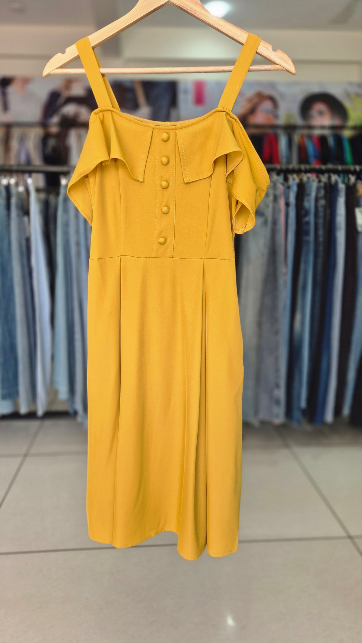 Mustard Yellow Cold Shoulder Button-Front Midi Dress